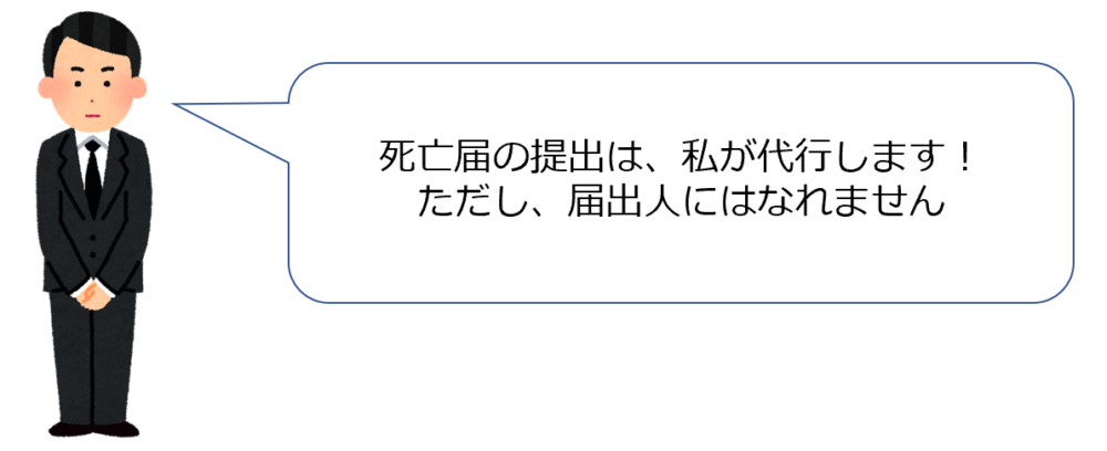 死亡届の代行は親族
その他の同居人、家主や地主、家屋管理人や土地管理人、後見人、保佐人、補助人、任意後見人、任意後見受任者、ができる
