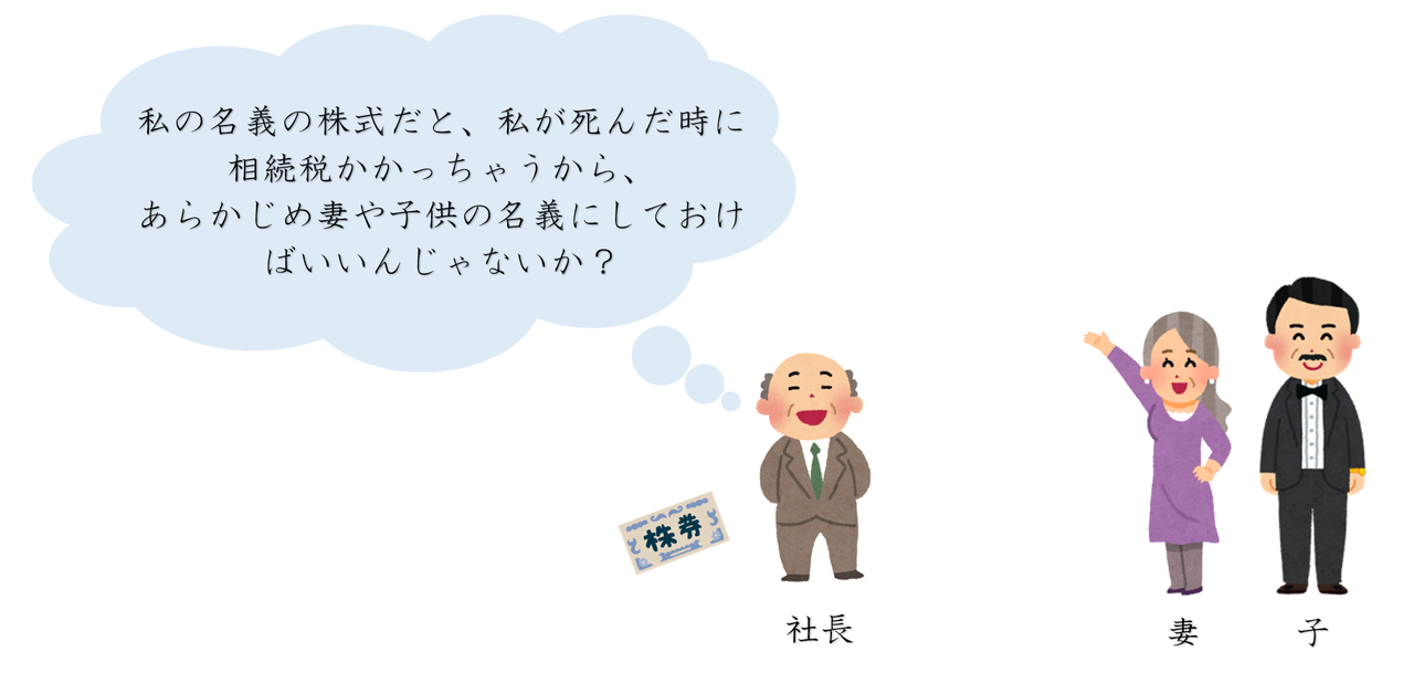 私名義の株式だと、私が死んだときに相続税がかかっちゃうから、あらかじめ妻や子供名義にしておけばいいんじゃないか？