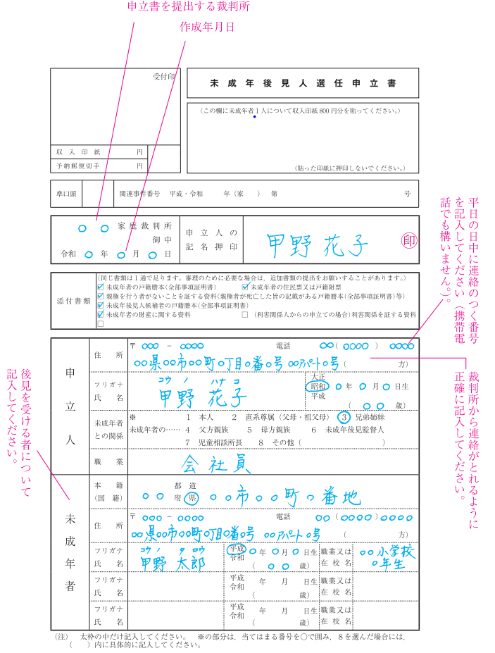 未成年後見人選任申立書