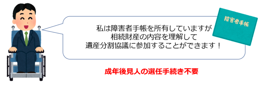 身体に障害をお持ちであっても、判断能力がしっかりしており、相続財産の内容を理解した上で、遺産分割協議に参加することが可能であれば成年後見人の選任手続き不要