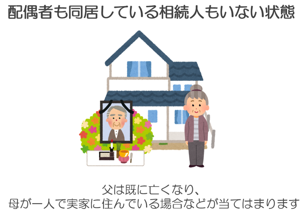 「配偶者も同居している相続人もいないこと」というのは、母が実家で一人で暮らしているような場合が該当します