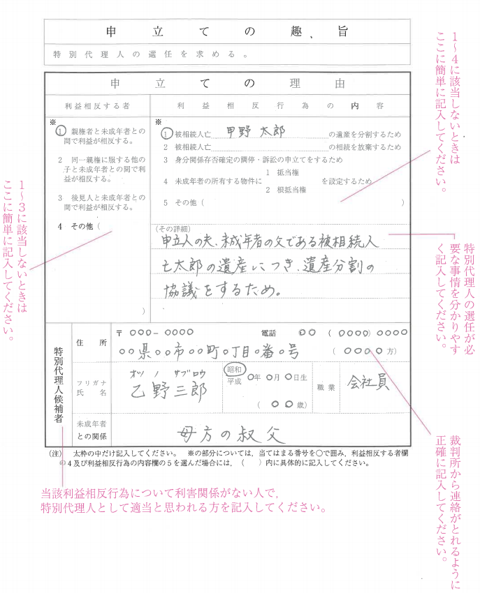 特別代理人選任申立書