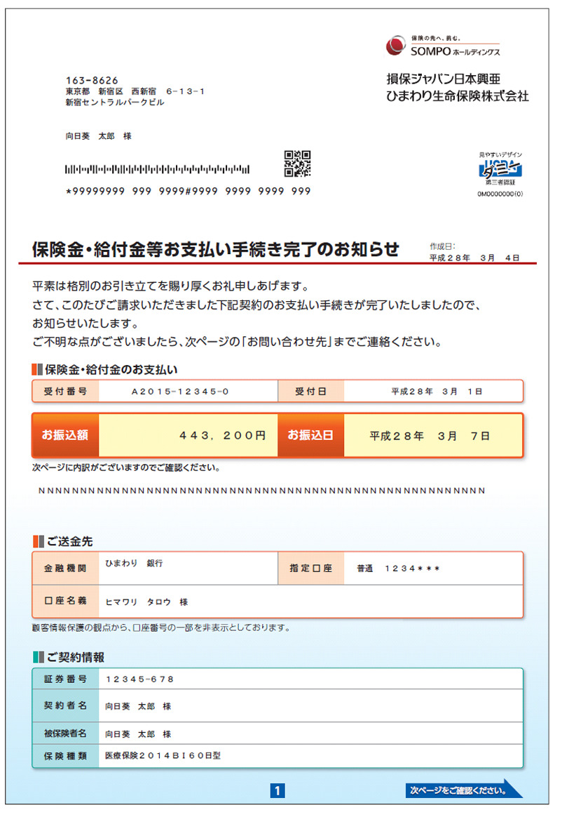 入院給付金手続き完了のお知らせ①